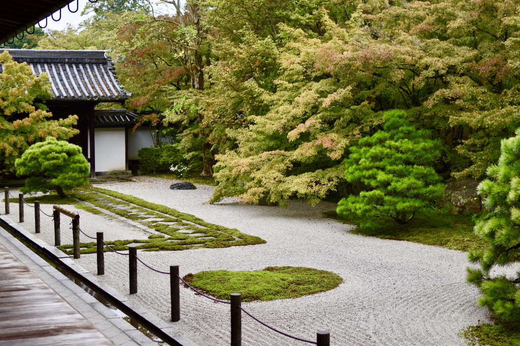 Dans un temple japonais, Jardin zen avec des érables en fond